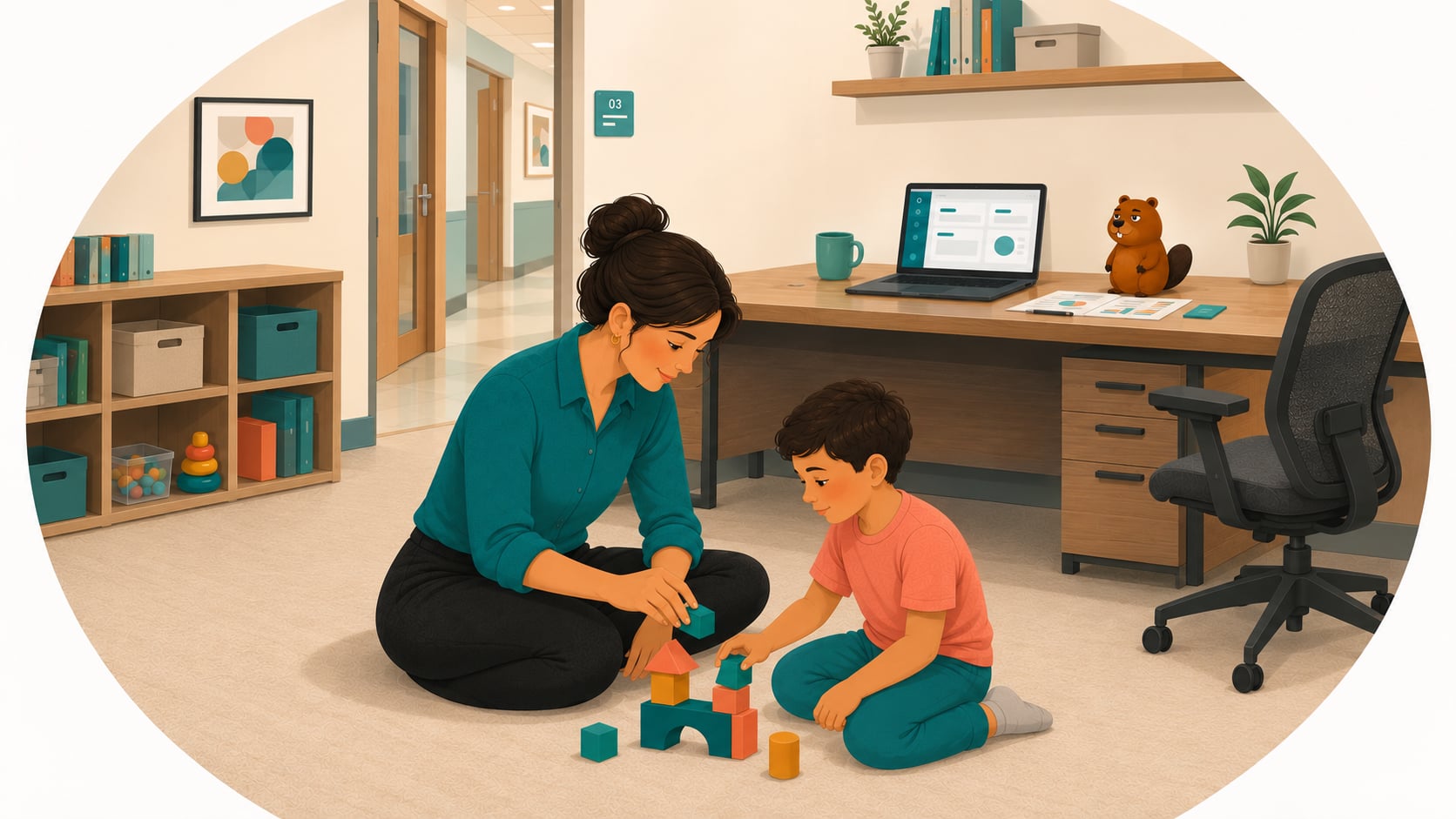 Therapist working with a child in a bright ABA clinic setting