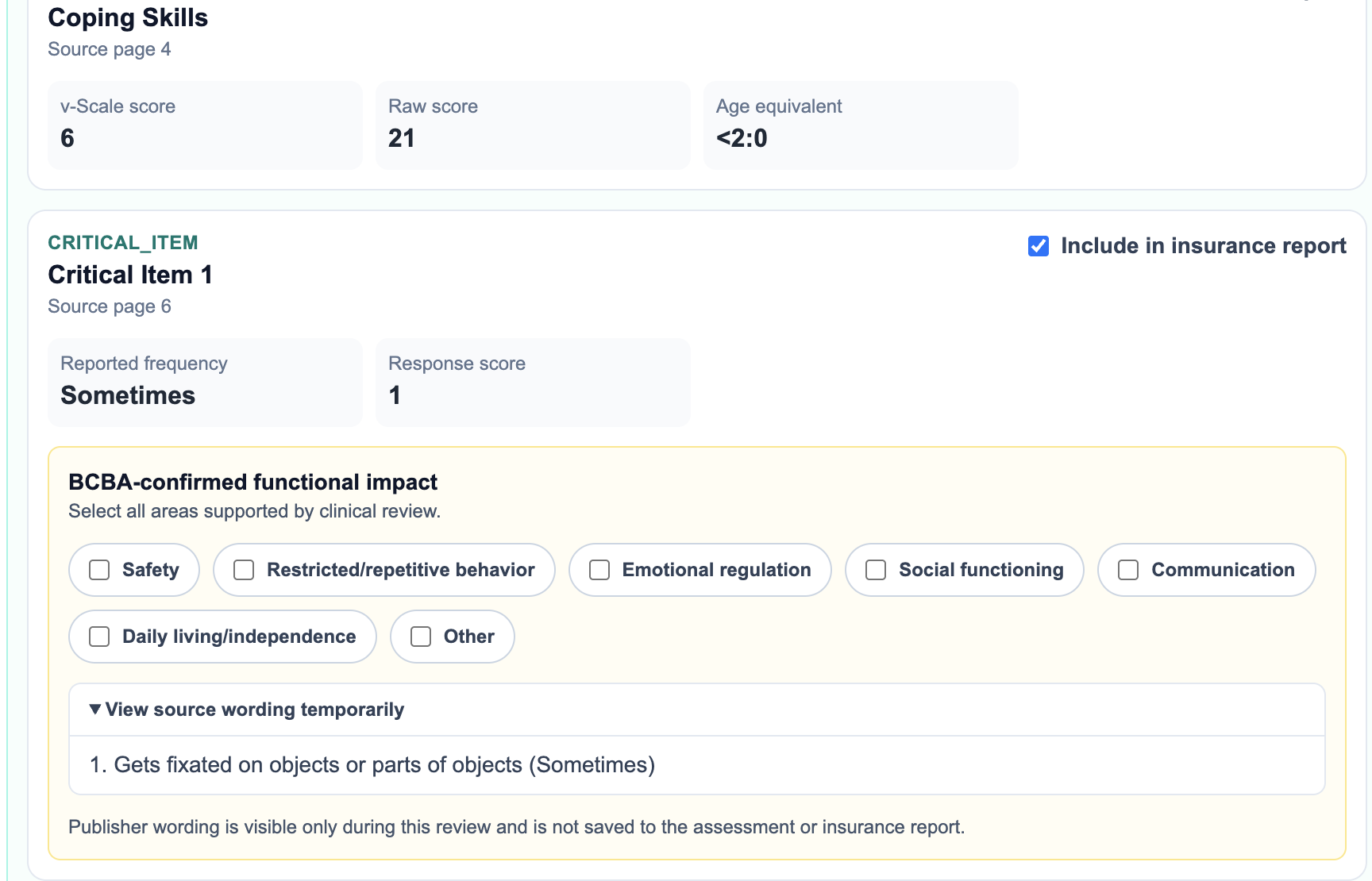Behavior Made Assessment Workbench showing extracted assessment result and BCBA-confirmed functional impact