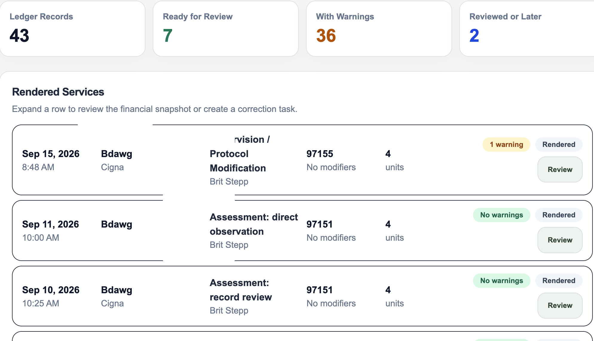 Behavior Made ABA billing workbench rendered services review
