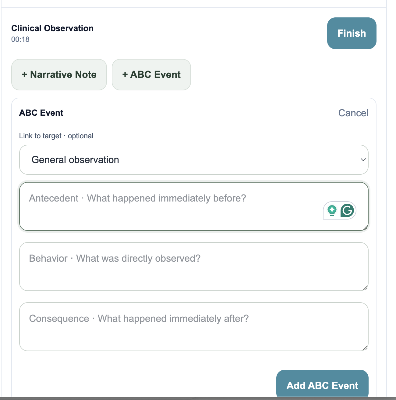 Behavior Made BCBA clinical observation and ABC event workspace