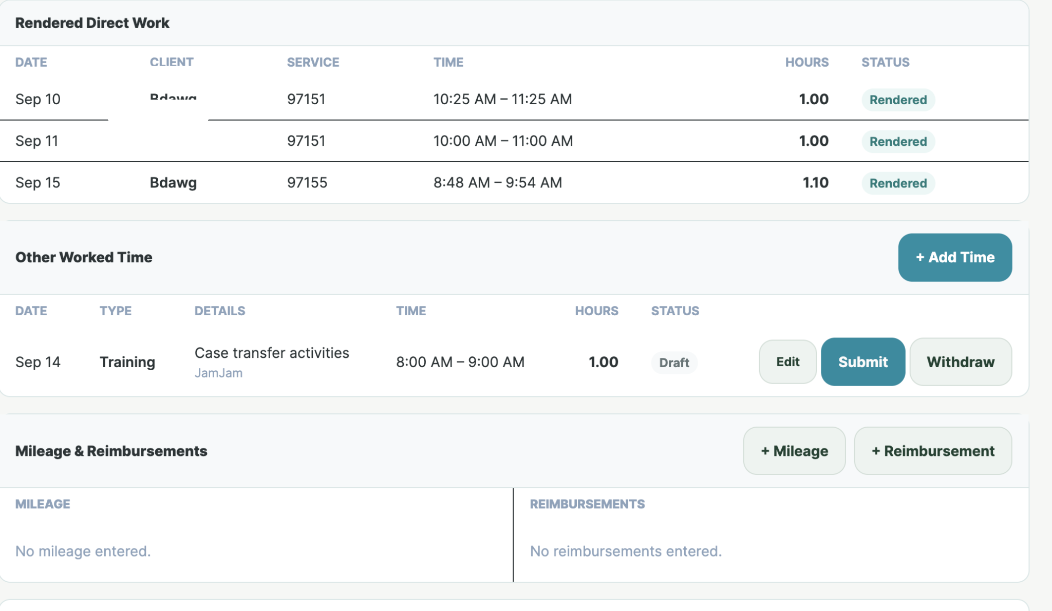 Behavior Made ABA payroll timecard with rendered direct work and other worked time
